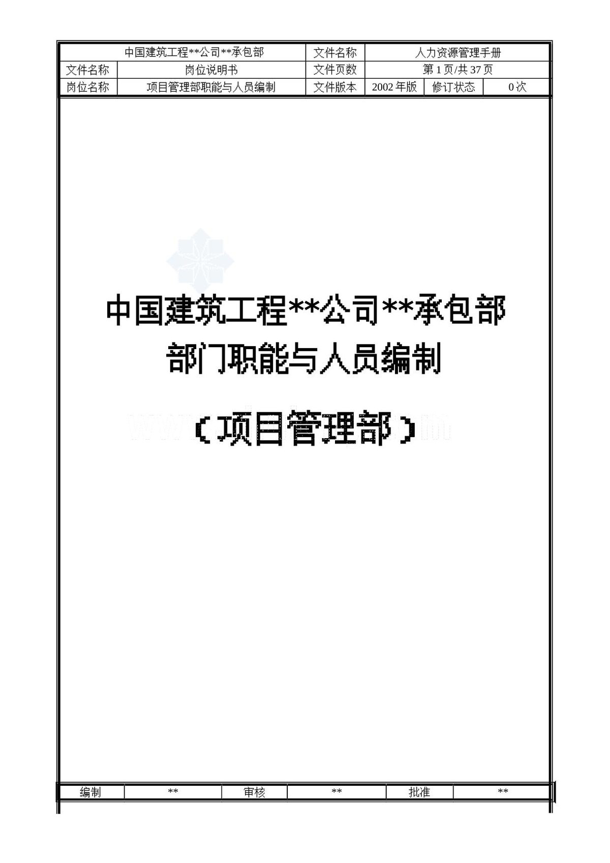 中建某公司项目管理部岗位说明书（岗位职责、人员编制）_secret.doc